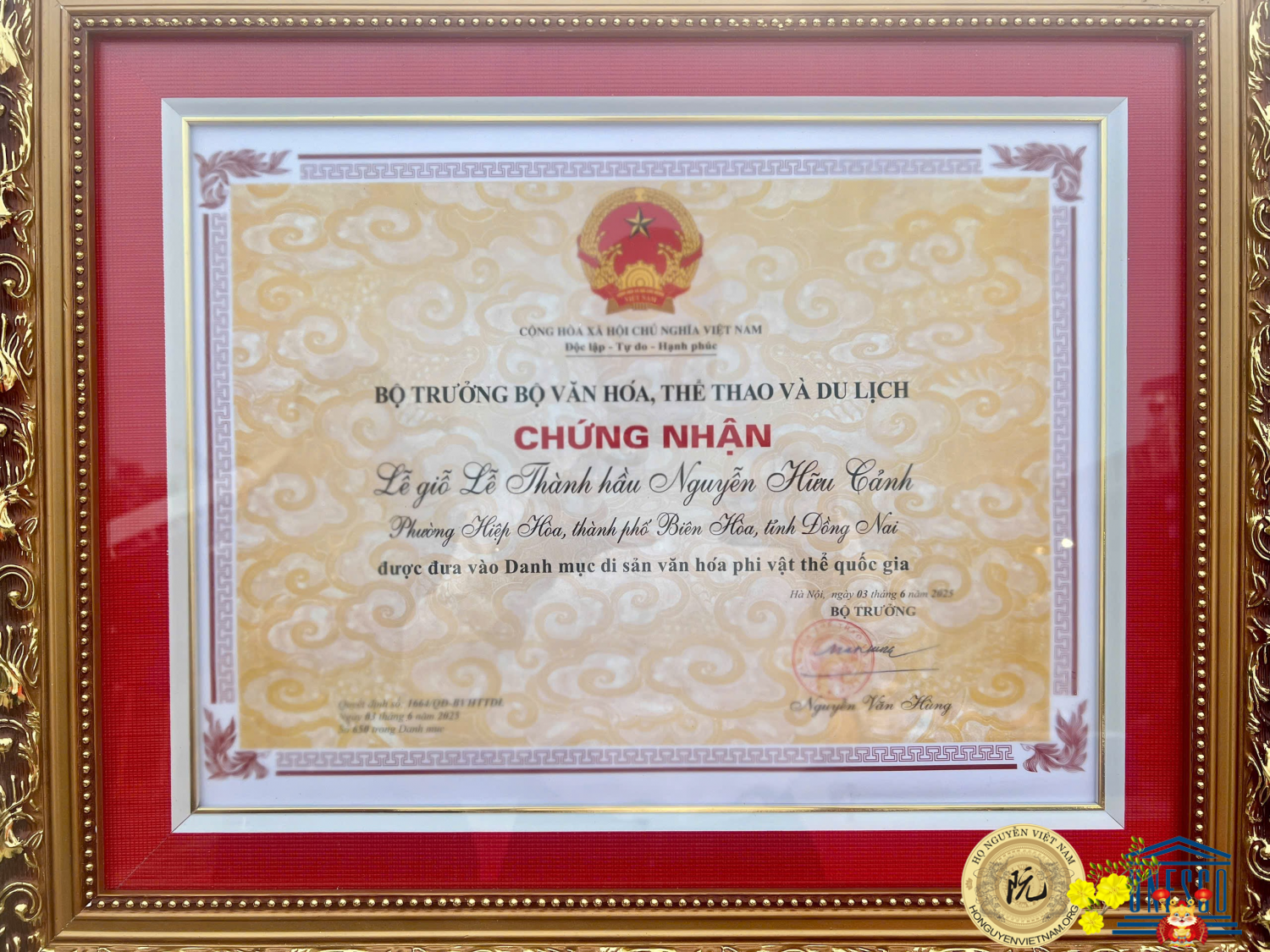 xếp hạng di tích văn hoá đền thờ Nguyễn Hữu Cảnh